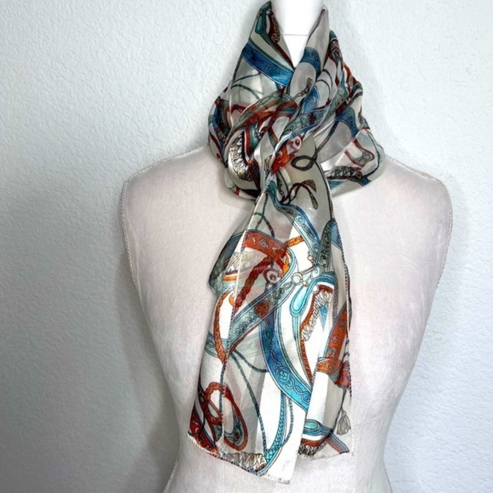 Satin & Sheer Ivory Rust & Blue Printed Scarf Ascot Hair Wrap